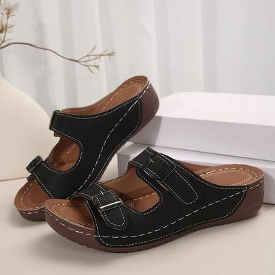 36-43 Large Size Foreign Trade Slope Heel One-word Cool Slippers Women's Summer Belt Buckle Casual Wear High-heeled Sandals