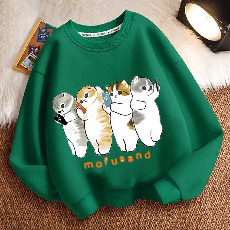 Cute Cat Round-neck Hoodie for Children, Fashionable Long-sleeved Casual Top for Boys and Girls In Spring and Autumn