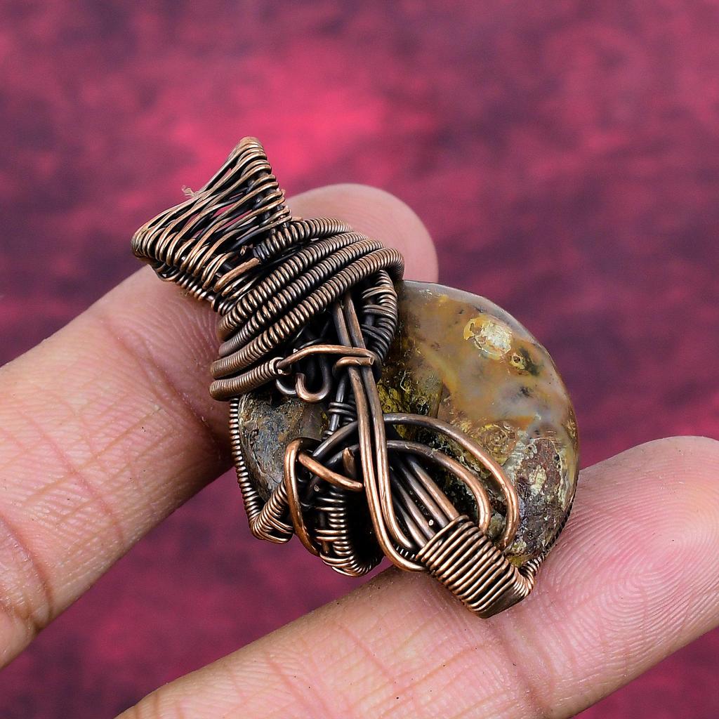 Ammonite Fossil Gemstone Pendant Copper Wire Wrapped Jewelry Handmade Pendant