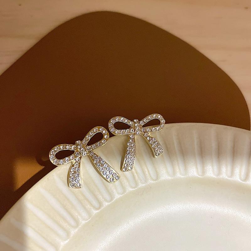S925 Silver Needle Simple Temperament Rhinestone Bow Earrings Women's Earrings New Trendy Korean Internet celebrity exquisite earrings