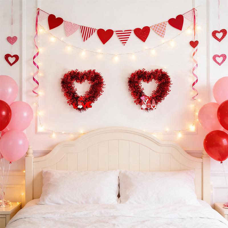 Valentines Red Heart Shaped Wreath Decorative Hanging Love Garland for Wedding Engagement Window Decoration