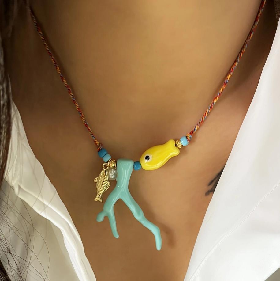 Charm Ocean Imitation Coral Glass Fish Pendant Rope Necklace Women's Vacation Party Accessories