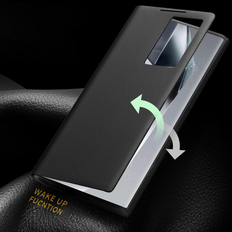 QIALINO Für Samsung Galaxy S24 Ultra Hülle Sichtfenster Echtes Rindsleder Flip Handyhülle