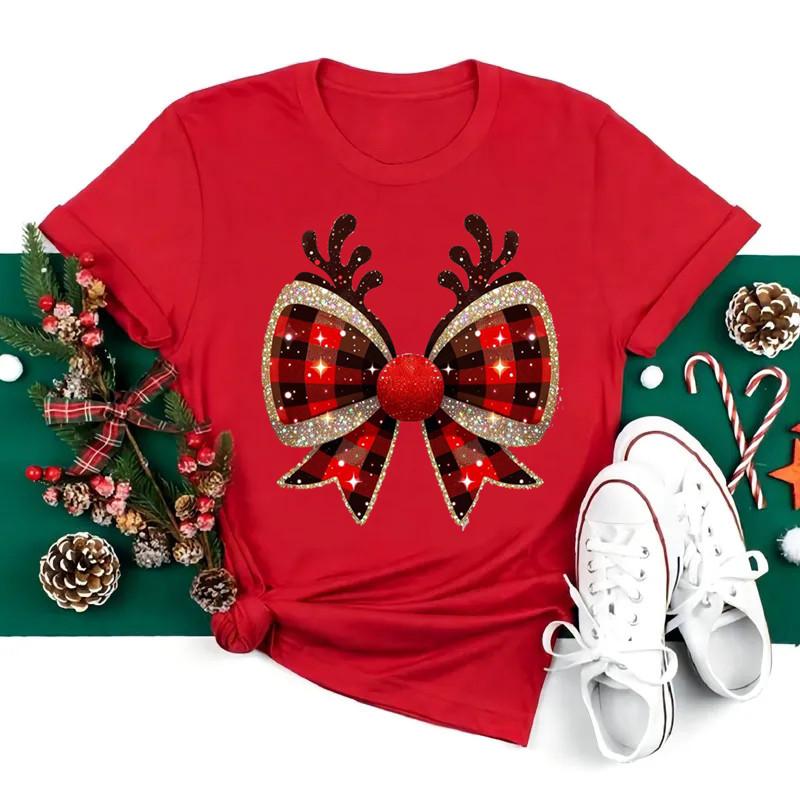 Fashion Reindeer Antlers Bow Plaid Women T Shirt Funny Graphic Christmas Party Outfit Harajuku Casual FeUnisex Clothes Tees