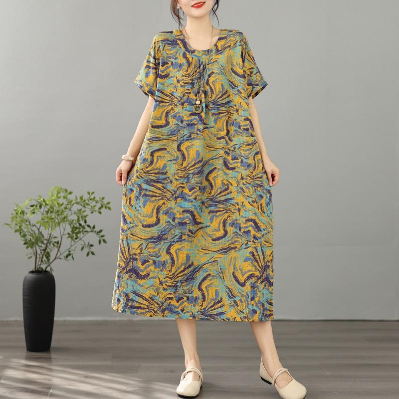 Short Sleeve Plus Size Cotton Linen Vintage Floral New In Dresses for Women Casual Loose Long Summer Dress