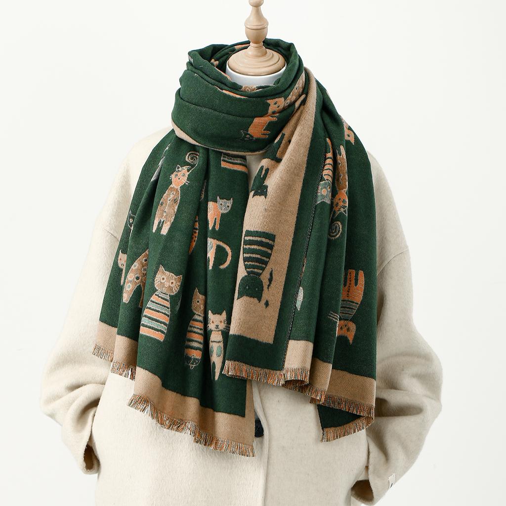 Cartoon Cat Printed Cashmere Scarves for Women Winter Thick Warm Blanket Scarf Shawl Wraps Ladies Fashion Pashmina Cape