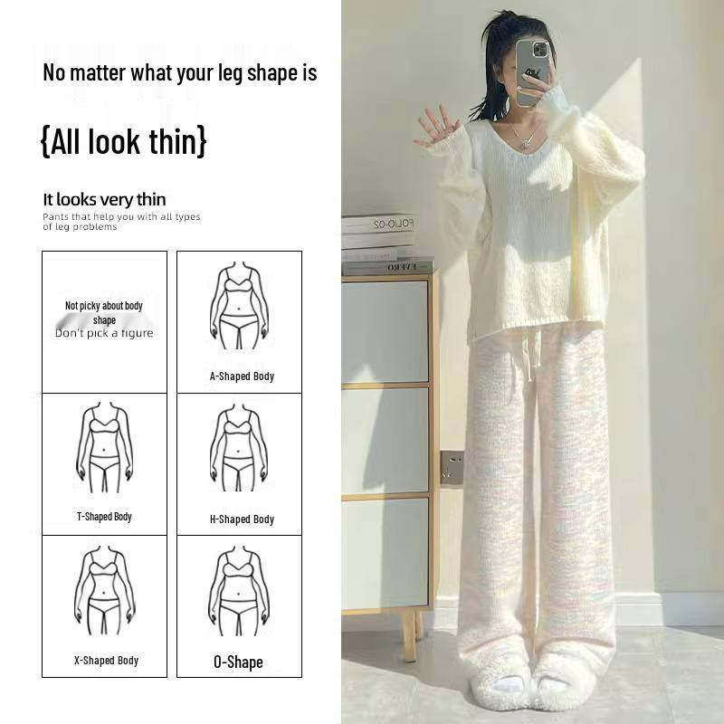 145 Plus Velvet Rainbow Glutinous Rice Sweatpants - XS Women’s High Waist Wide-Leg Pants for Autumn/Winter