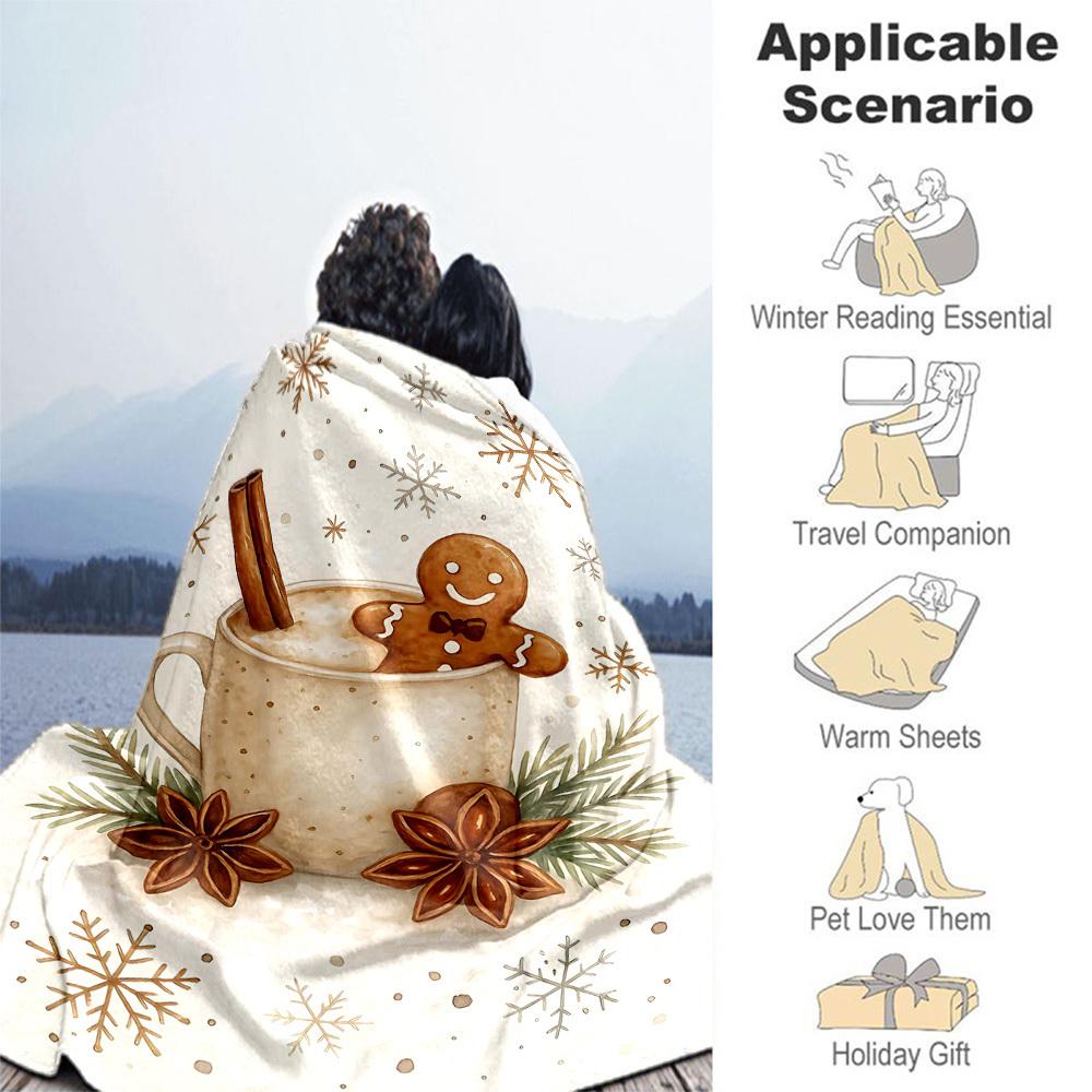 1PC Hot Chocolate Gingerbread manOutdoor Flannel Blanket - Soft Plush Decor for Picnics, Camping, Bedroom, Playroom, Office, or Lunch Break 1334A