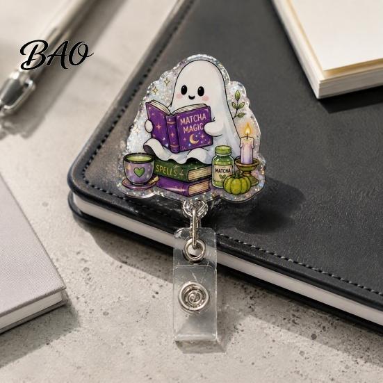 Office Id Card Clip Halloween Retractable Badge Reel, Ghost Black Cat And Pumpkin Design, Decorative Reel 360 Degree Rotating Acrylic ID Holder