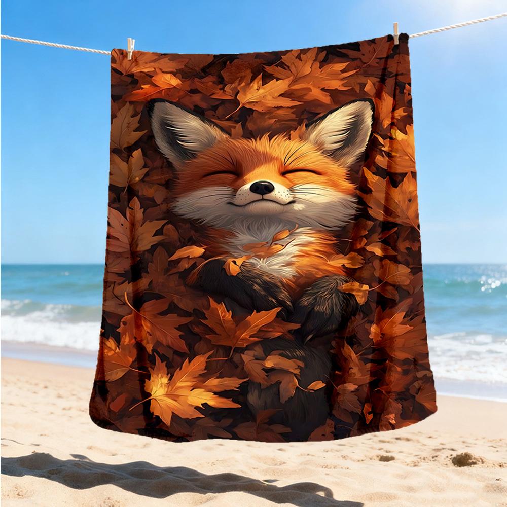 1pc Autumn Leaves, Fox Print Outdoor Blanket, Lightweight Polyester,
