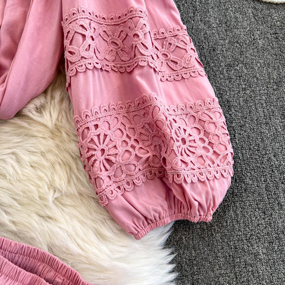 Lace Panel Long Sve Irt And High Waist Flared Skirt Set Women's Faion Ensemble Hollow Out Design Slimming Women Suit 2 Pieces Set
