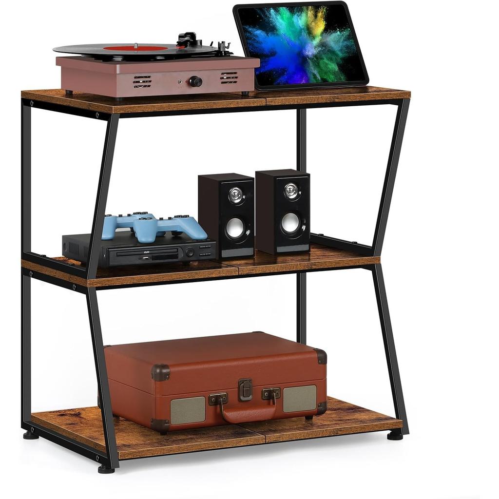 3-Tier Rustic Media Stand | Corner AV Cabinet W/ Storage Shelves | for Stereo/Game Consoles/DVD/Record Player | Brown