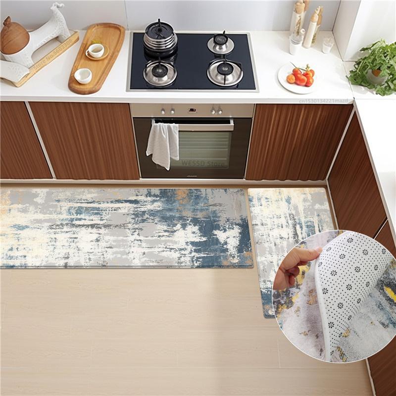 Soft Velvet Kitchen Rug Set With Abstract Print Non-slip Absorbent  Washable Doormat Bathroom Floor Mat