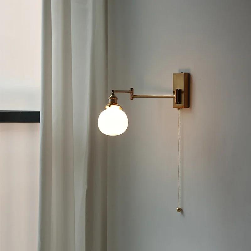 Clear Glass Copper LED Wall Lights Fixtures Pull Chain Switch Plug In Walnut Wood Canopy Bedroom Living Room Beside Lamp