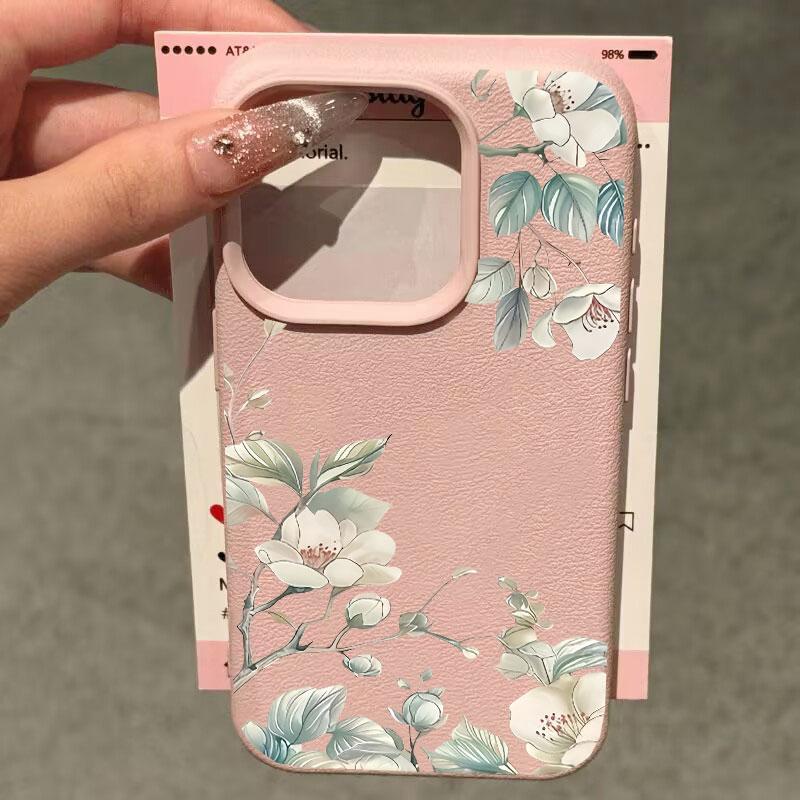 White Flowers Leaves Leather Phone Case For IPhone 15 12 14 13 11 16 17 Pro Max Plus 17 Air 16E Silicone New Design Luxury Cover