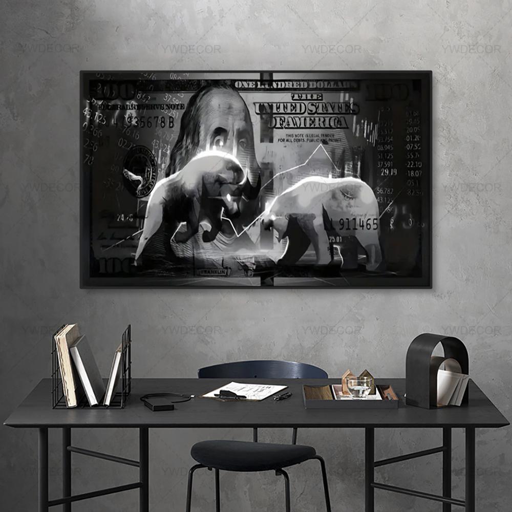 Golden Bitcoin Bull Bear Wall Street Bull Investment Wall Art Wealth Investing Poster for Room Office Decor Gift