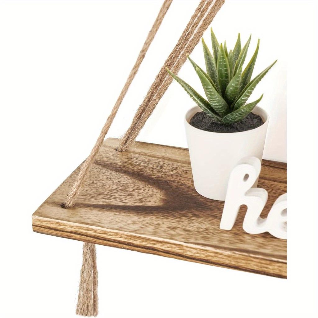 Hanging Shelves Boho Wall Decor 2 pcs Rustic Wood Storage Shelf for Living Room, Display Shelving for Hanging Plants Photos
