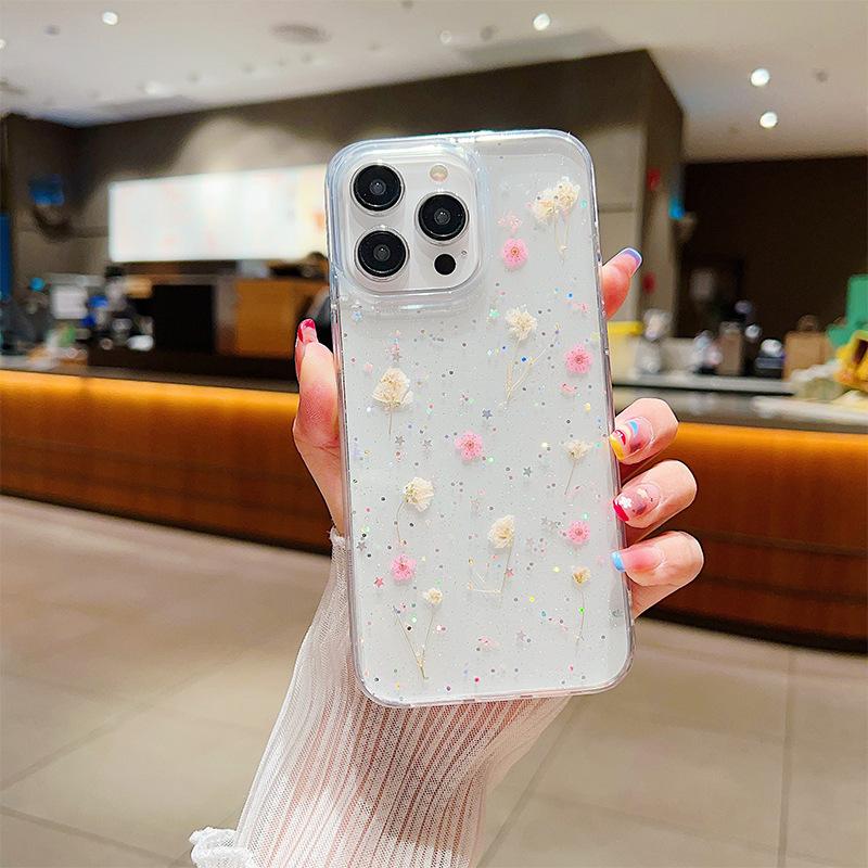 

Real Flower Epoxy Mobile Phone Case Is Suitable For Iphone17Promax Glitter Apple 16Pro Japanese Small Fresh 15 iPhone 17Promax
