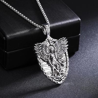 Collana Angelo Scudo Retro San Michele - Gioielli in Acciaio Inossidabile Titanio da Uomo