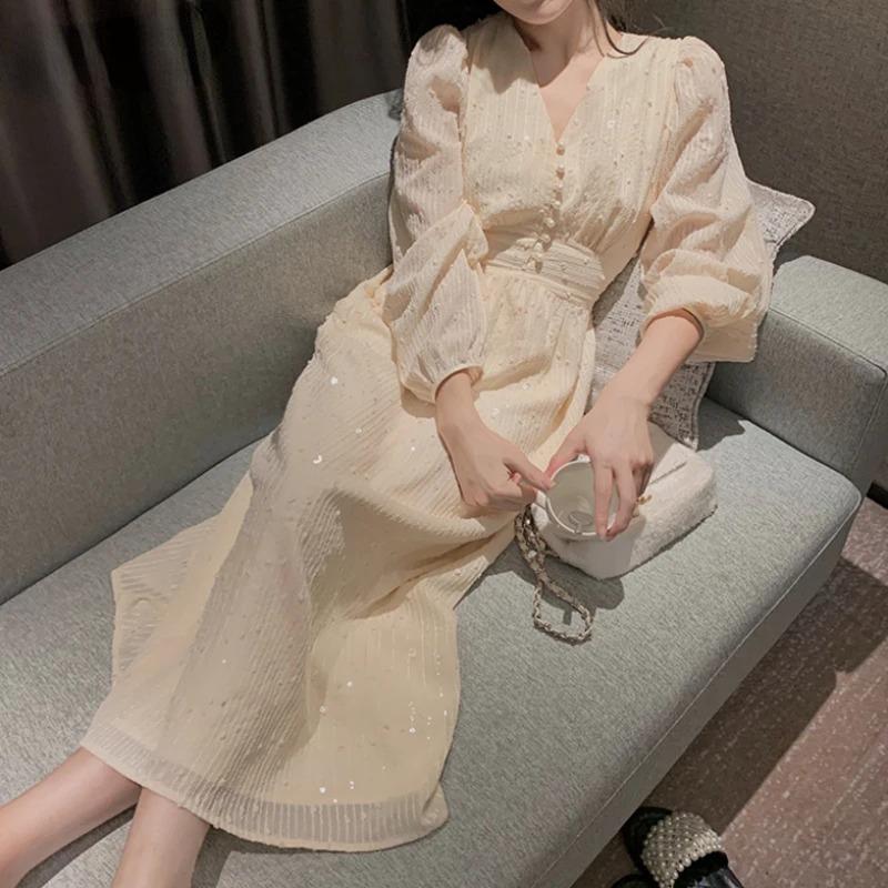 Vintage French Puff Sleeve Midi Dresses for Women Party Korean Sequins Dress Elegant Fairy Wedding Female Clothes Autumn 2024