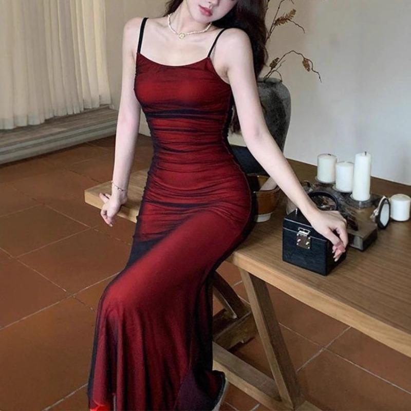 Women Gradient Mesh Midi Dress Spaghetti Strap Square Neck Bodycon Side Ruched Slim Fit Flowy Mermaid Dress for Date Night Cocktail Party Evening Out