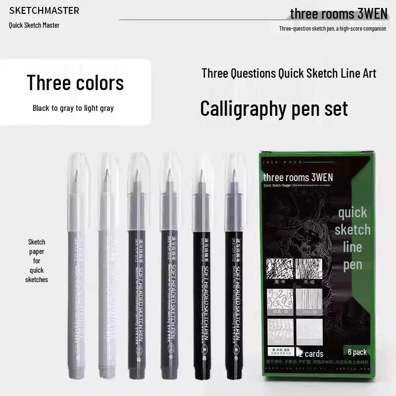 Refillable Quick Sketch Pen Set: Fine, Small, Regular, Large Gray Brush Pens for Art Line Drawing