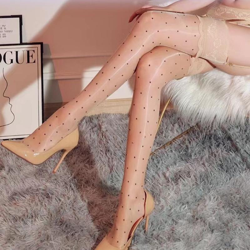 Sexy Lace and Horse Oil Thigh High Socks Woman Skin Color Stockings Club Internet Celebrity Peony White Polka Point Stockings