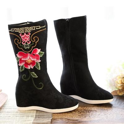 Nouveautés Printemps Bottines pour Femmes Style National Broderie Florale Tridimensionnelle Bottes de Danse Carrée en Coton Jacquard Femmes