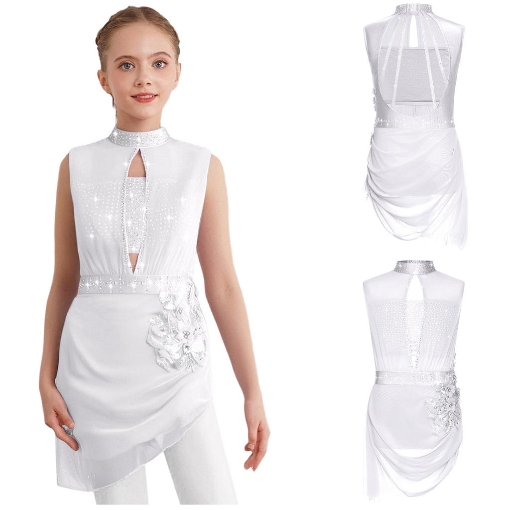 Girls Asymmetrical Skating Dress Sleeveless Backless Cutout Sheer Mesh Overlay Rhinestone Applique Competition Dance Costume