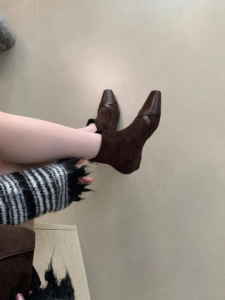 French Retro Suede Huge Good-looking Short Boots Women's Fashion Foreign Low-heeled Small Ankle Boots Square Head Elastic Thin Boots