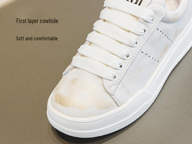 Women's Classic Genuine Leather White Sneakers - Retro Style, Thick Sole, Versatile Casual Skate Shoes