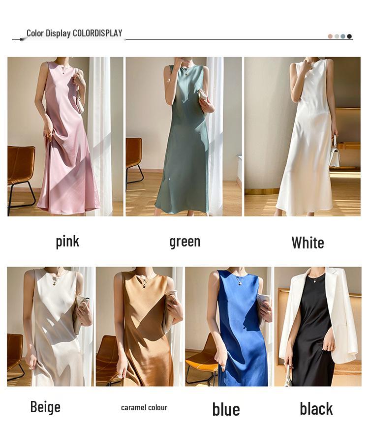 Abito Canottiera Estivo da Donna in Raso di Seta - Imitazione Seta di Gelso, Scollo Rotondo, Senza Maniche, Linea ad A, Vita Alta, Lungo