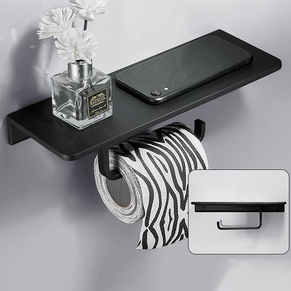Double Paper Holder with Shelf Black Grey Aluminum Wall Mounted Bathroom Kitchen WC Paper Towel Roll Rack Storage Tissue Holder