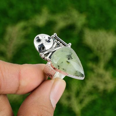 Natürlicher Moos-Prehnit Versprechen Schädel und Knochen Verstellbarer Ring 925 Silber