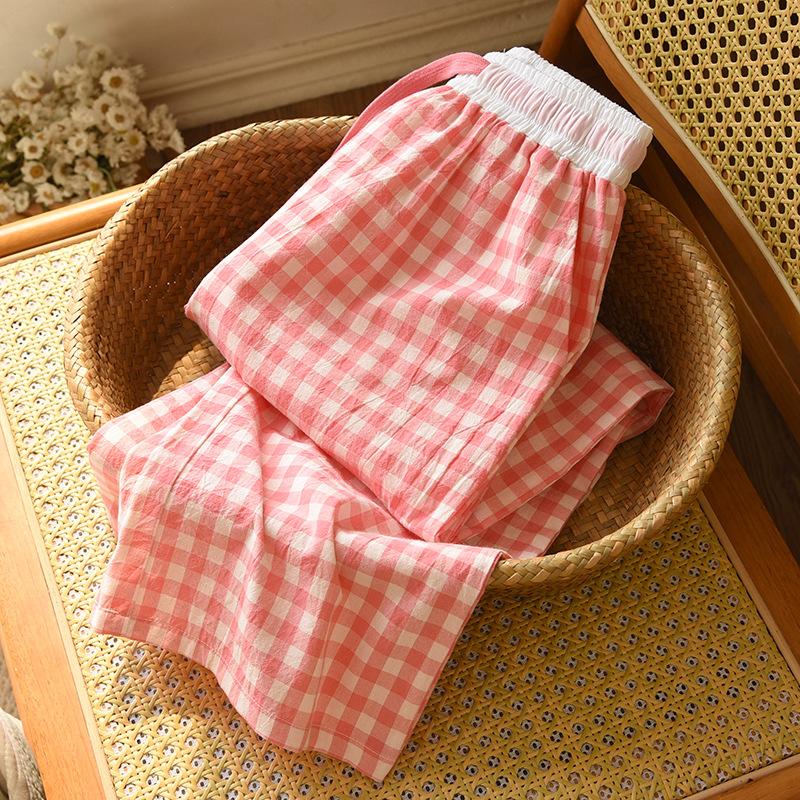 Spring Summer Color Matching Candy Straight Leg Pants for Home Wear Women's Cotton Plaid Design Loose Drawstring Waist Pajama Pants