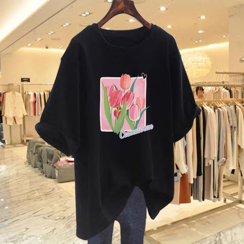 Loose flower print short-sleeved t-shirt women's new fashion alphabet top bottoming shirt