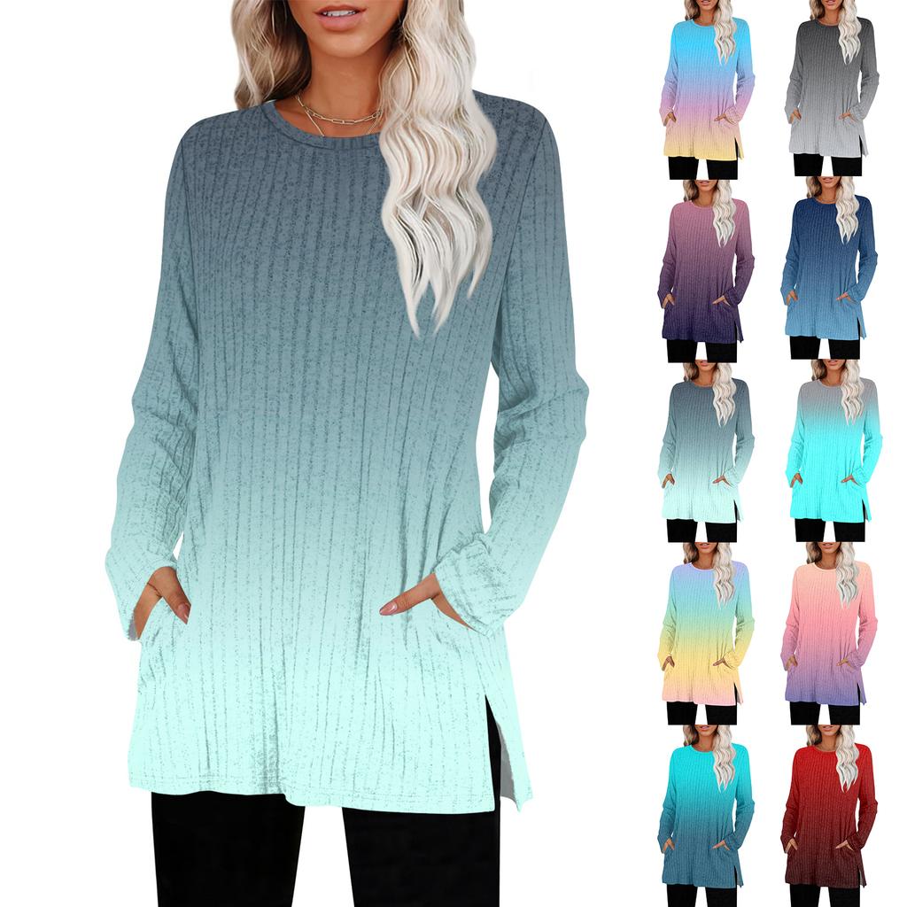 Women's Gradient Printed Round-neck Long-sleeved Top With Pockets And Side Slits