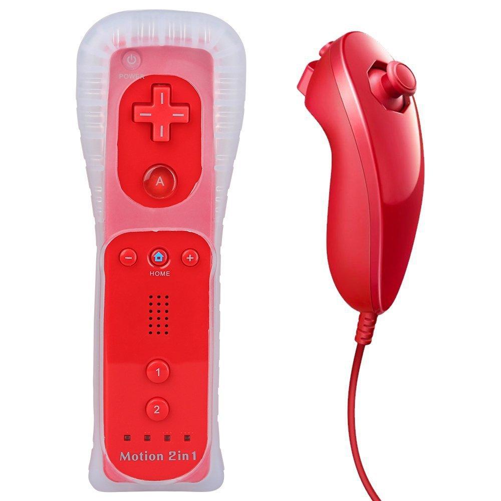 Wireless Gamepad Remote Controller Built in Motion Plus + Nunchuck 2 in 1 for Nintend Wii Controller Joystick Silicone Case Controller&Nunchuck красный