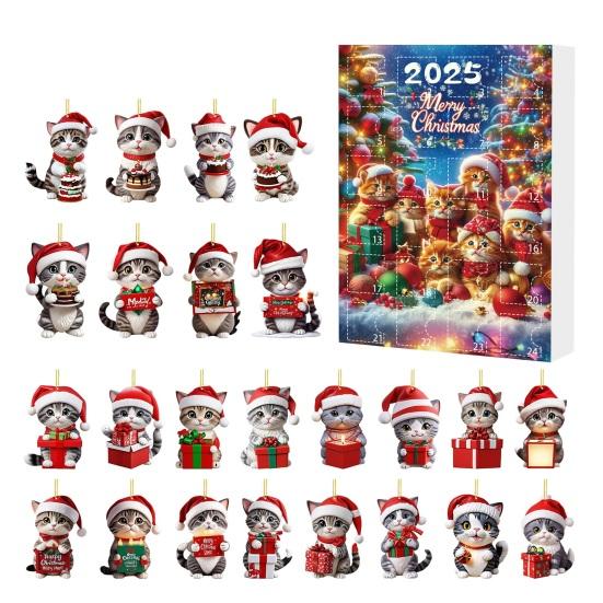 Kočičí adventní kalendáře 2025 2D akrylové roztomilé kočičí ozdoby 24 dní odpočítávací kalendář do Vánoc sváteční závěsná dekorace na stromeček pro milovníky koček