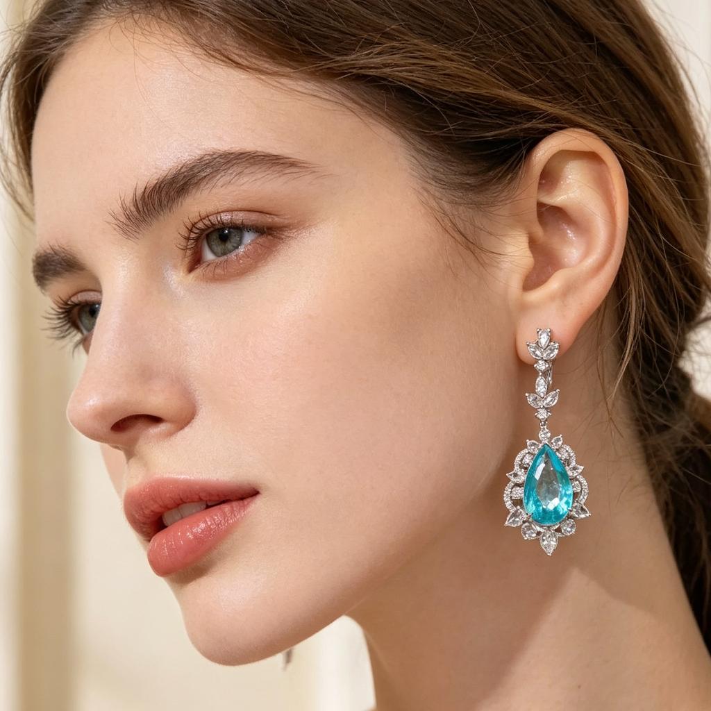 Paraiba Blue Pear Cut CZ Dangle Earrings 925 Silver Luxury Wedding Drop Earrings for Women