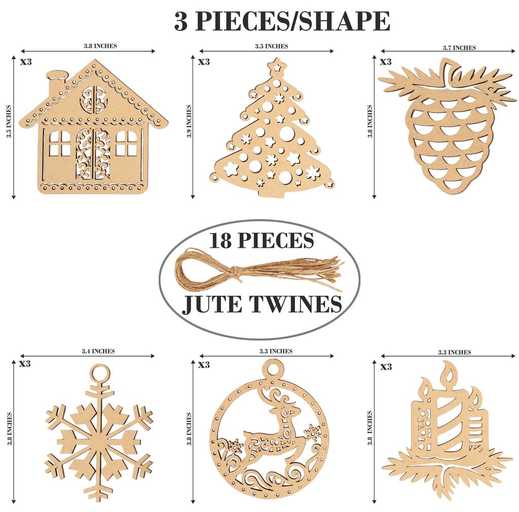 Inkdotpot 18ks vánoční ozdoby, nedokončené dřevěné laserové výřezy ozdoby ve tvaru stromku/zvonku Závěsná ozdoba