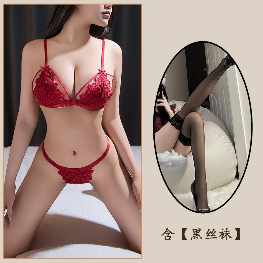 Sexy Lingerie Sexy Rose Without Steel Rim Three-point Suspender Onesie Hollow Bra Panty Set Passion