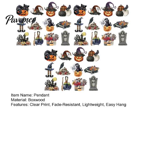 Dark Aesthetic Halloween Showcase Ornament 36Pcs Vintage Wooden Hanging Ornaments, Pumpkin Black Cat Witch Ghost Decorative Signs Crow Castle