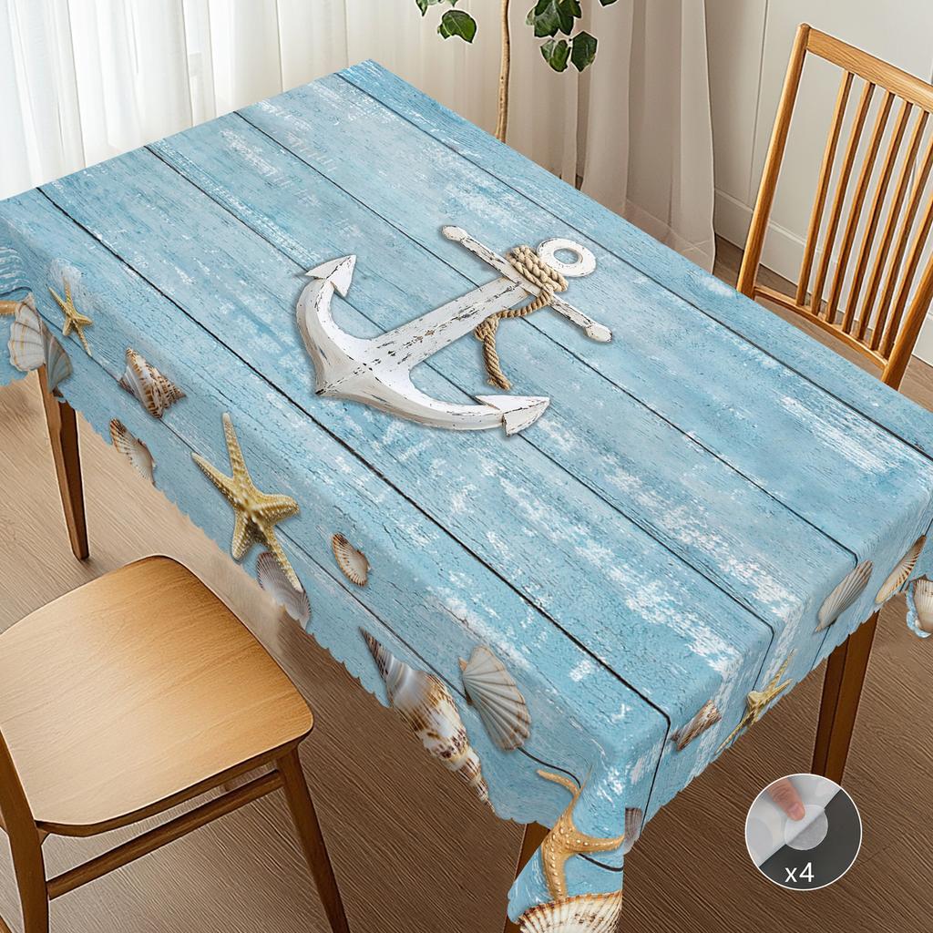 1 Stück Sommer Ozean Thema bedruckte Tischdecke, Retro Landhausstil, Holzbrett, Muschel, Ankermuster Design, Geeignet für Frühling und S