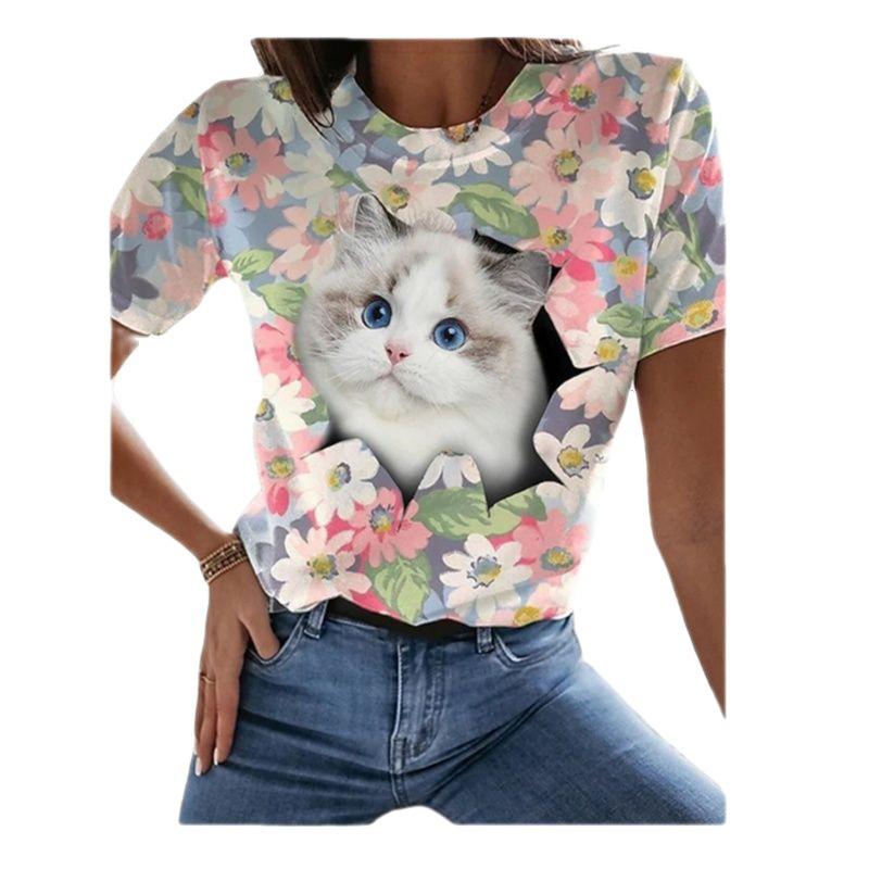 Summer Casual Digital Printed 3D Loose Round Neck Short Sleeved T-Shirts Women’s