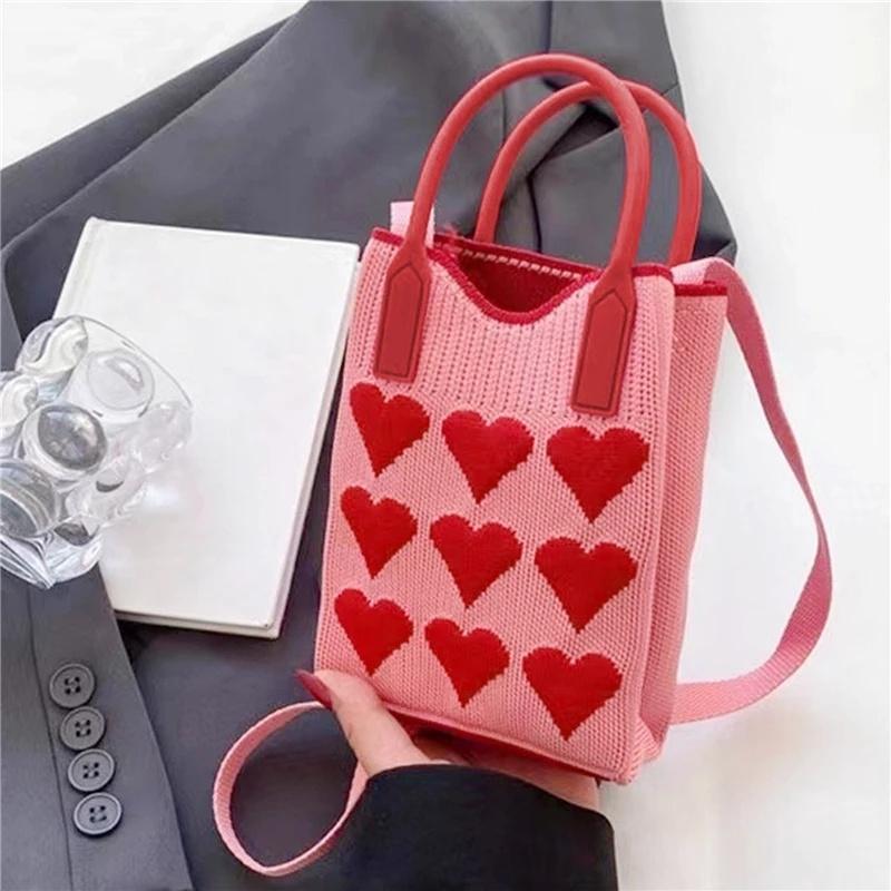 Koreanische Mode Herz Gestrickte Mini Quadratische Handtasche für Damen Kleine Handy Umhängetaschen Mädchen Niedliche Outdoor Crossbody Taschen