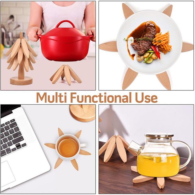 Wooden Trivets For Hot Dishes Folding Tree Shape Black Walnut Table Mat Holders Heat Insulated Pad Set Coasters For Clay pots