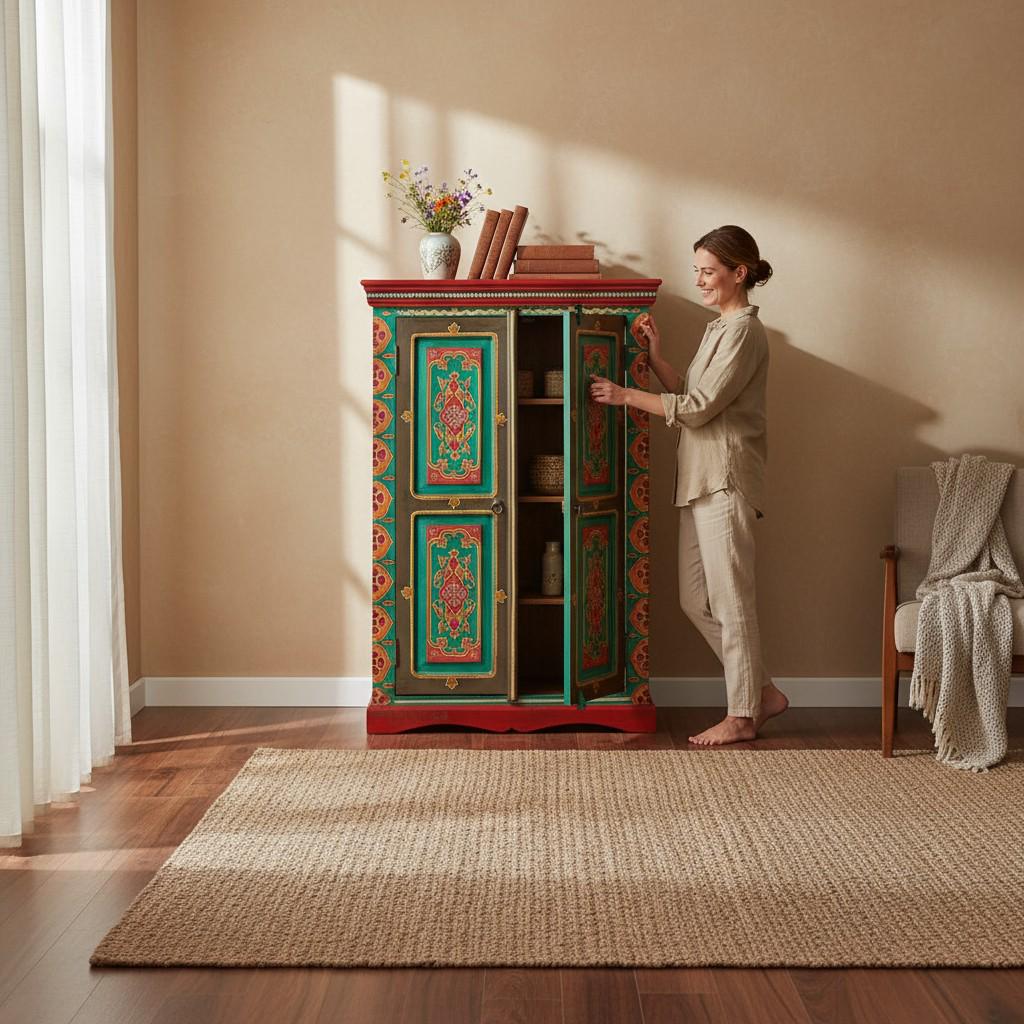 Handbemaltes indisches Holzschrank | Bunter Aufbewahrungsschrank | Rajasthani bemalter Schrank | Blumige Akzentmöbel, Nachttisch Schrank Selbst
