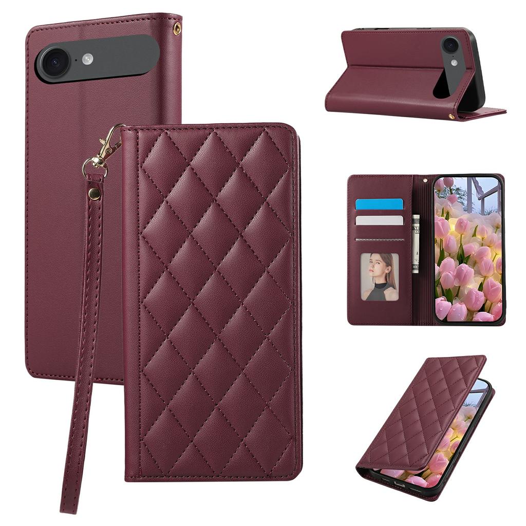 For iPhone 17 Air Case RFID Blocking Wallet Stand Rhombus Leather Phone Cover with Wrist Strap