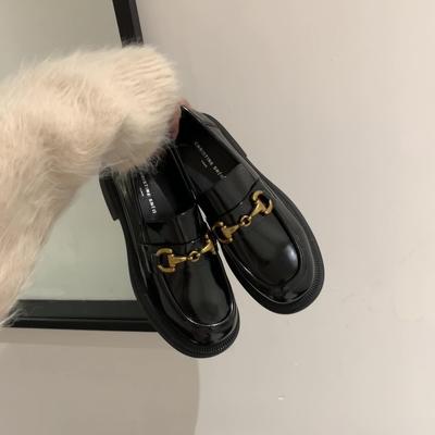 Leather Patent Leather Autumn and Winter Platform Soft Loafers New Block Heel Platform Round Toe One Foot Small Leather Shoe Woman